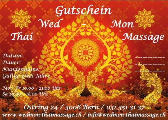 Gutschein für Thai Massage, gültig Mittwoch und Montag, mit buntem, orientalischem Design.